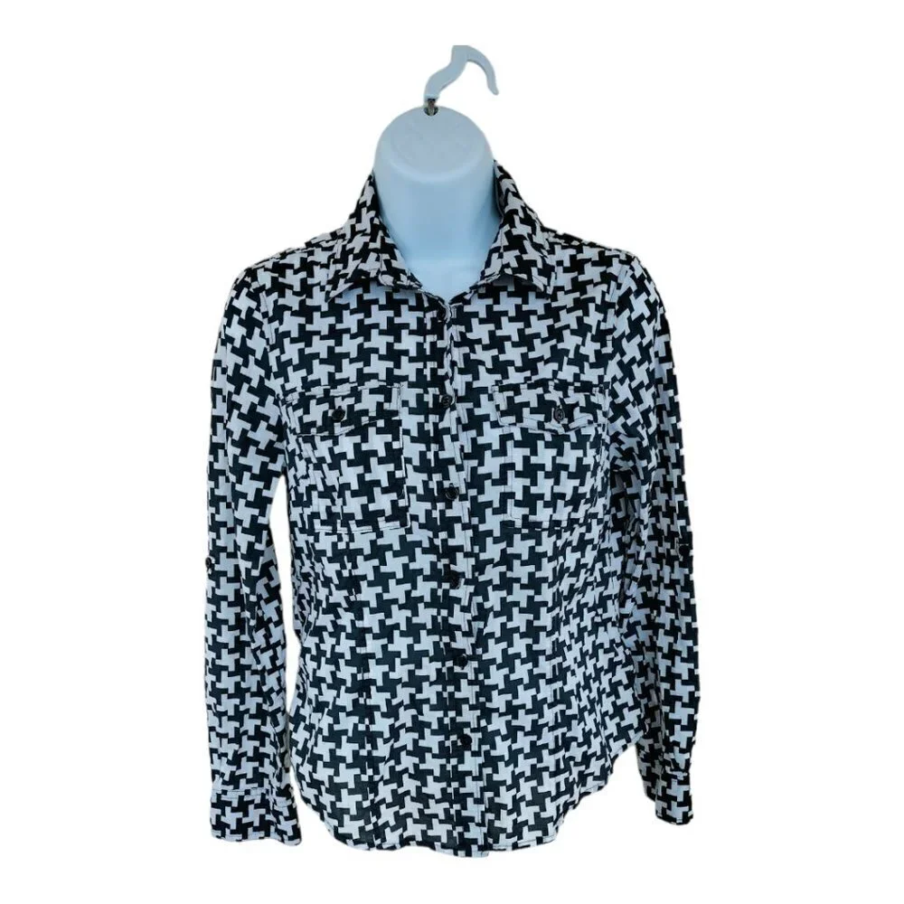 (013) Michael Kors Black & White Button Front Cotton Shirt Size S